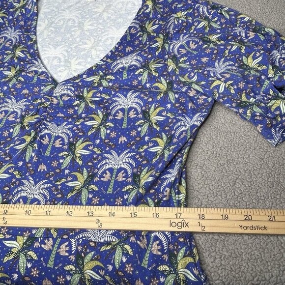 Boden Dress US Size 12 Blue Palm Trees Ruched V-Neck Pockets Swing Puff Sleeve - Picture 12 of 15